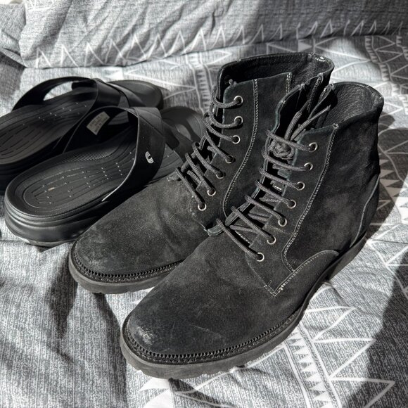 CALTO Men’s Size 12 Black Suede Elevator Boots + Slides Bundle - Picture 2 of 14